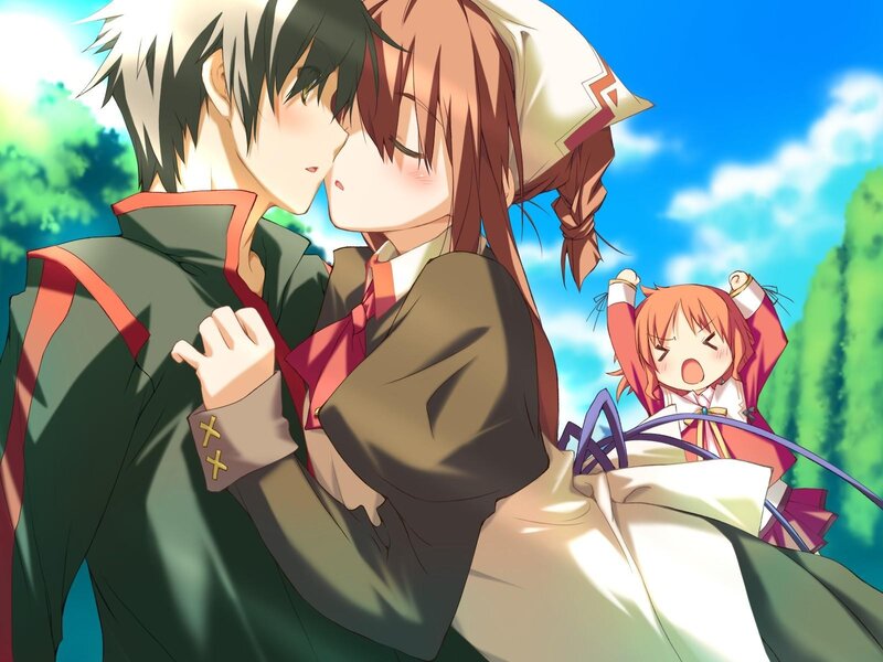 anime couple kissing outdoors