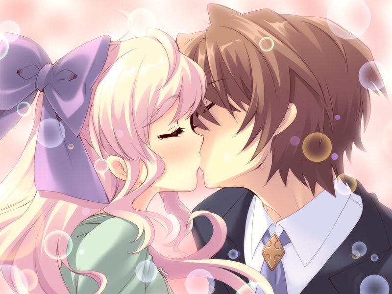 Anime Couple Kissing — Pink, Romantic, Bow