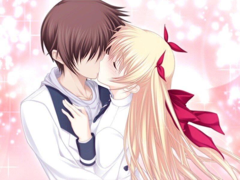 Anime Couple Kissing — Pink, Romantic, School Uniform