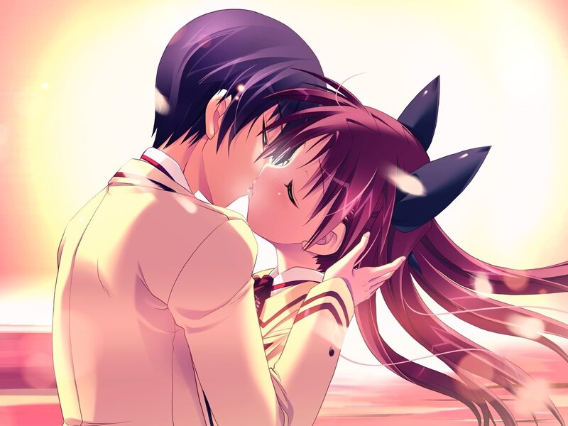 Anime Couple Kissing — Pink, Romantic, Sunset