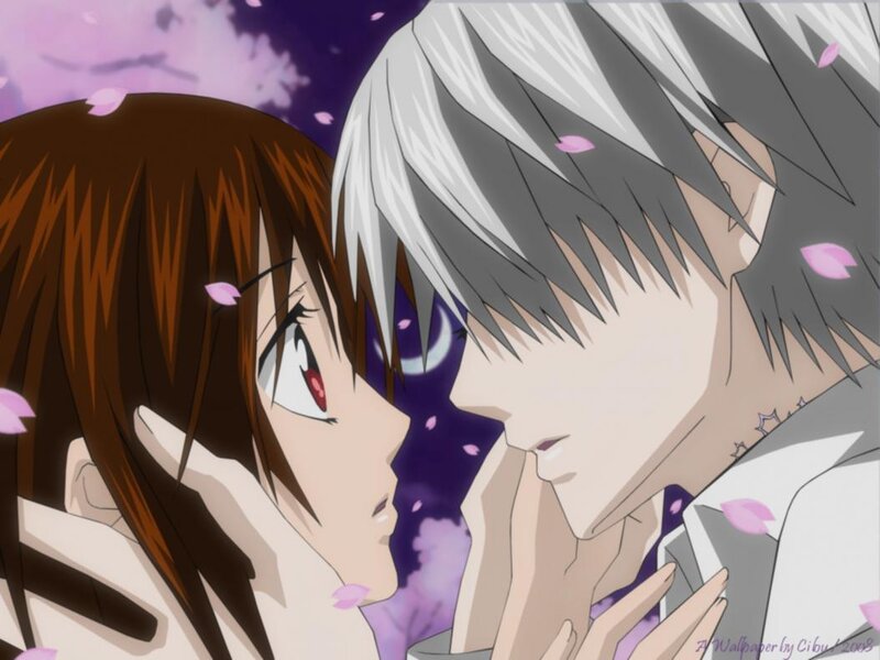 Anime Couple Kissing — Purple, Romantic, Night, Cherry Blossoms