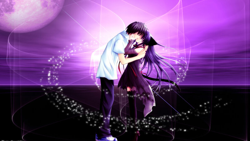 Anime Couple Kissing — Purple, Romantic, Night