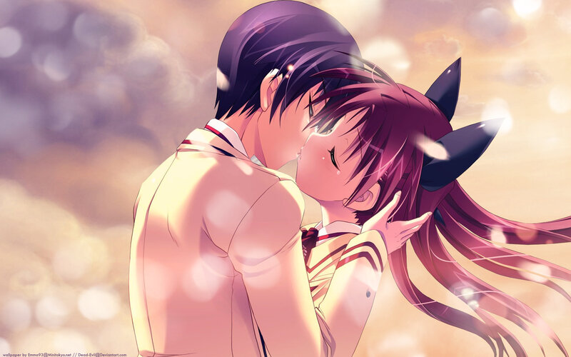 Anime Couple Kissing — Purple, Romantic, Sunset