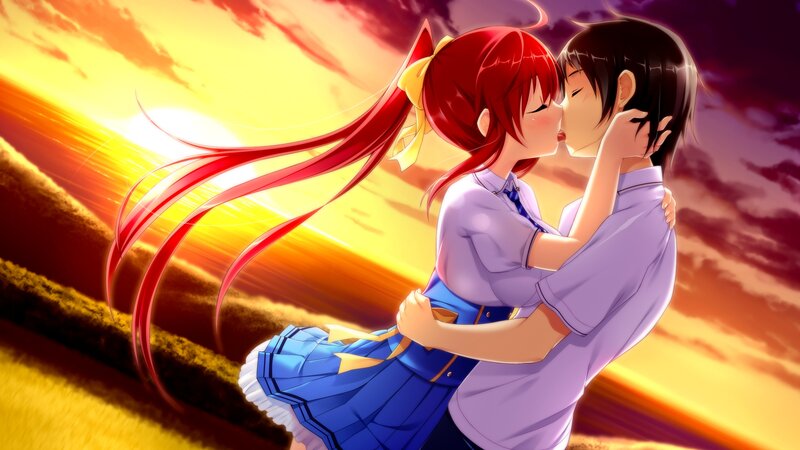Anime Couple Kissing — Red, Romantic, Sunset