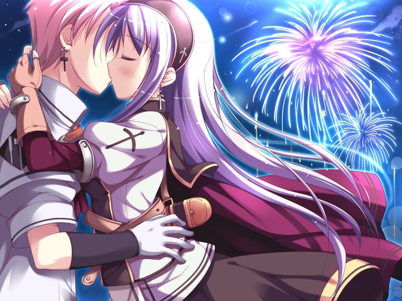 Anime couple kissing under fireworks