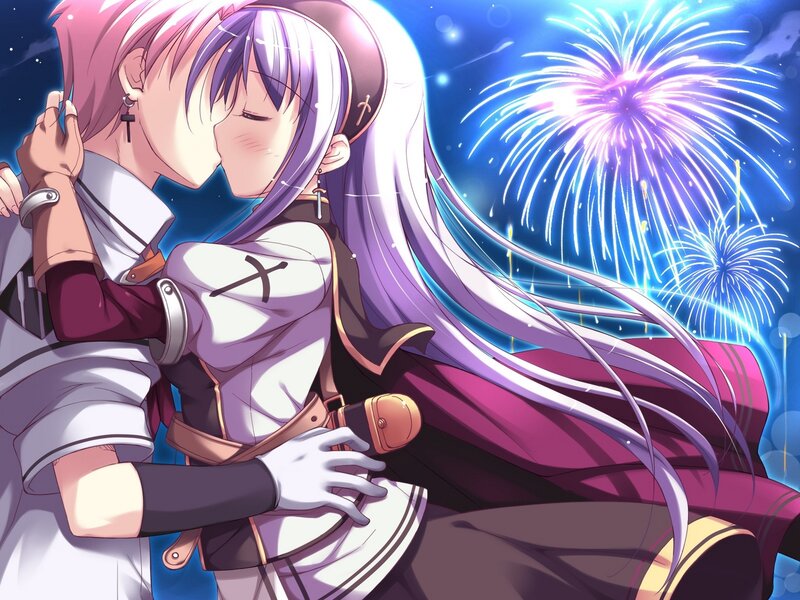 anime couple kissing under fireworks