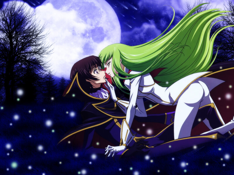 Anime couple kissing under moon