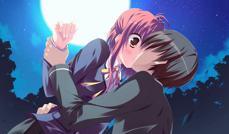 anime couple kissing under moon