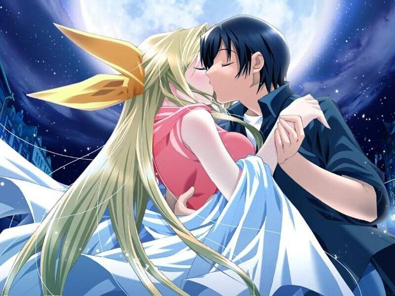 anime couple kissing under moon