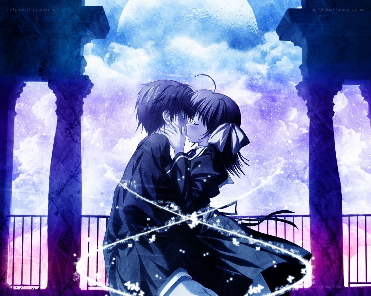 anime couple kissing under moon