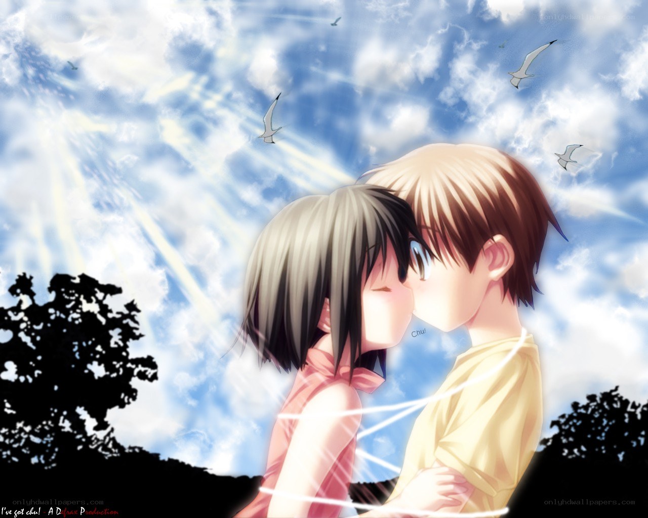 Anime couple kissing under sky