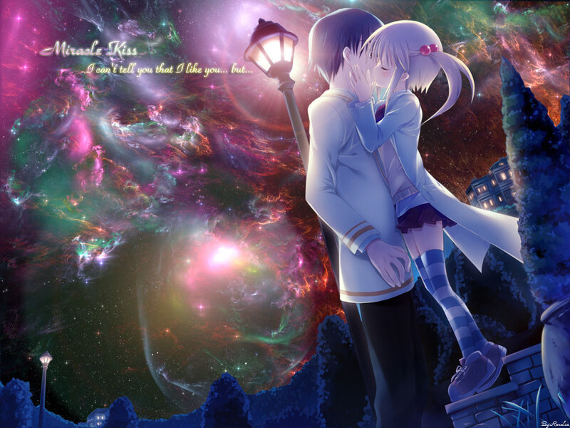 Anime couple kissing under stars