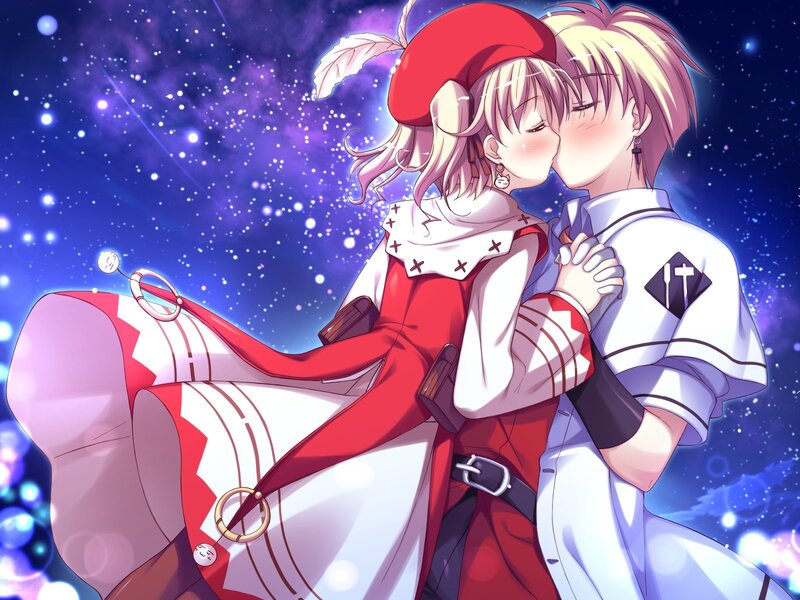 anime couple kissing under stars