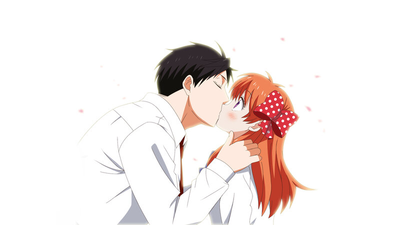 Anime Couple Kissing — White, Romantic, Bow