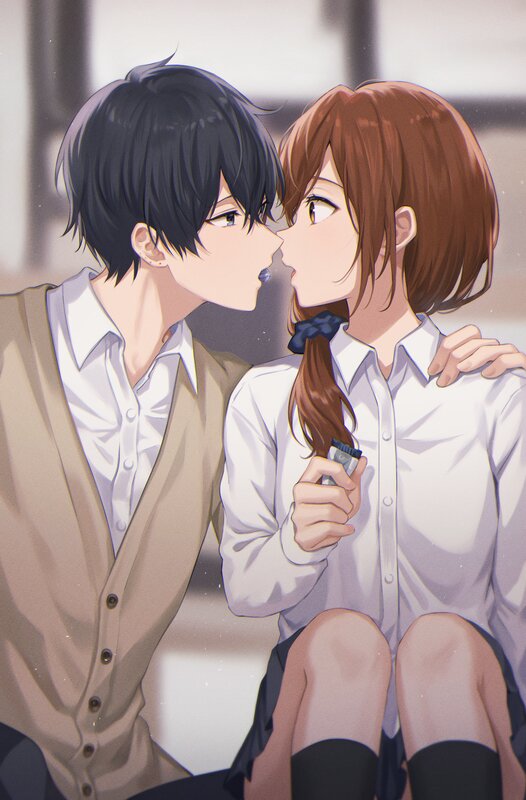 Anime Couple Kissing — White, Romantic, School Uniform, Hair Tie