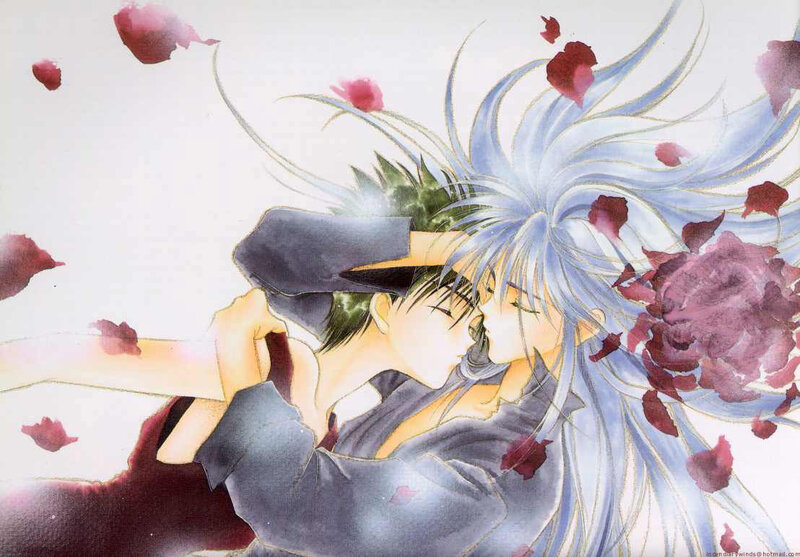 anime couple kissing with rose petals
