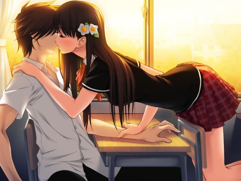 Anime Couple Kissing — Yellow, Romantic, Sunset