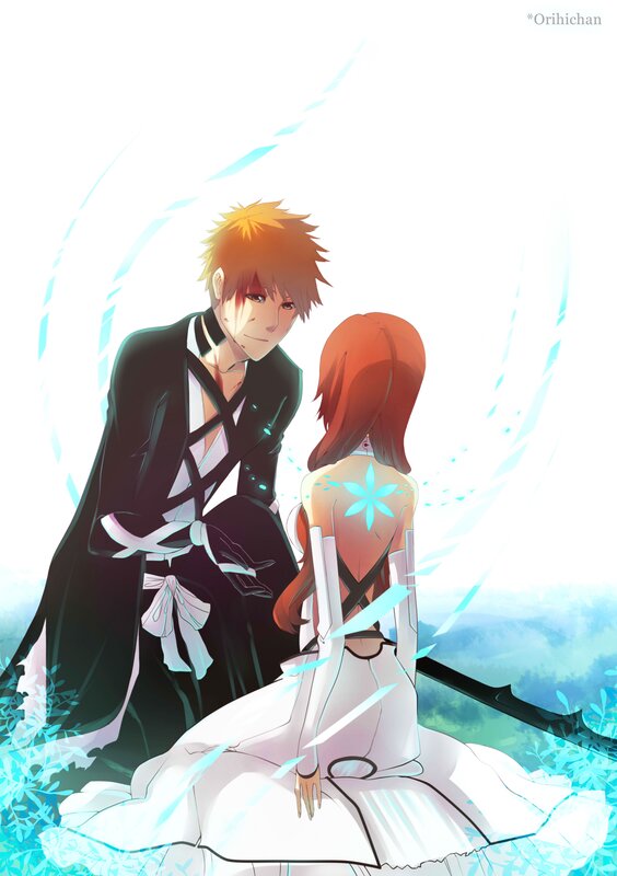 Anime Couple Kneeling — White, Dramatic