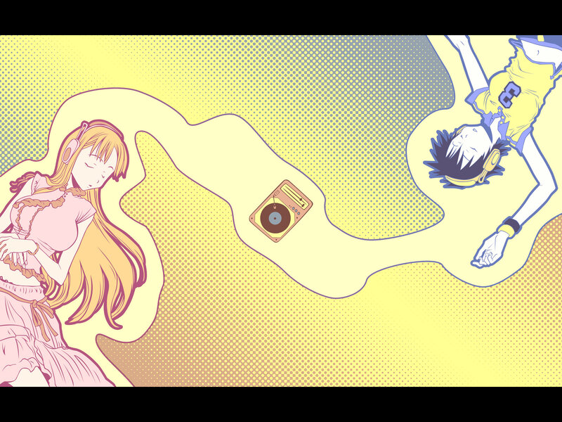 Anime couple listening to music