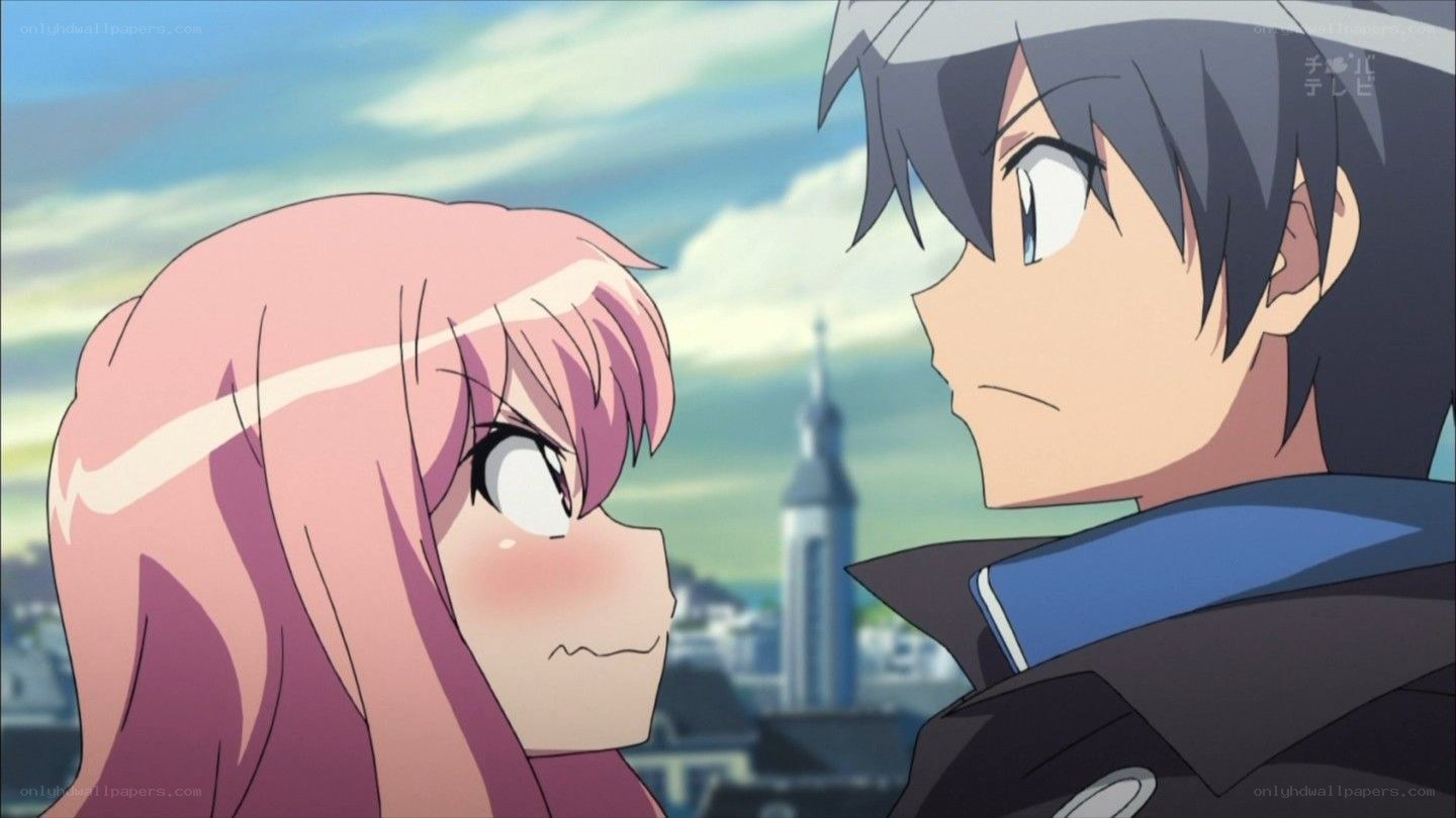 anime couple looking at each other
