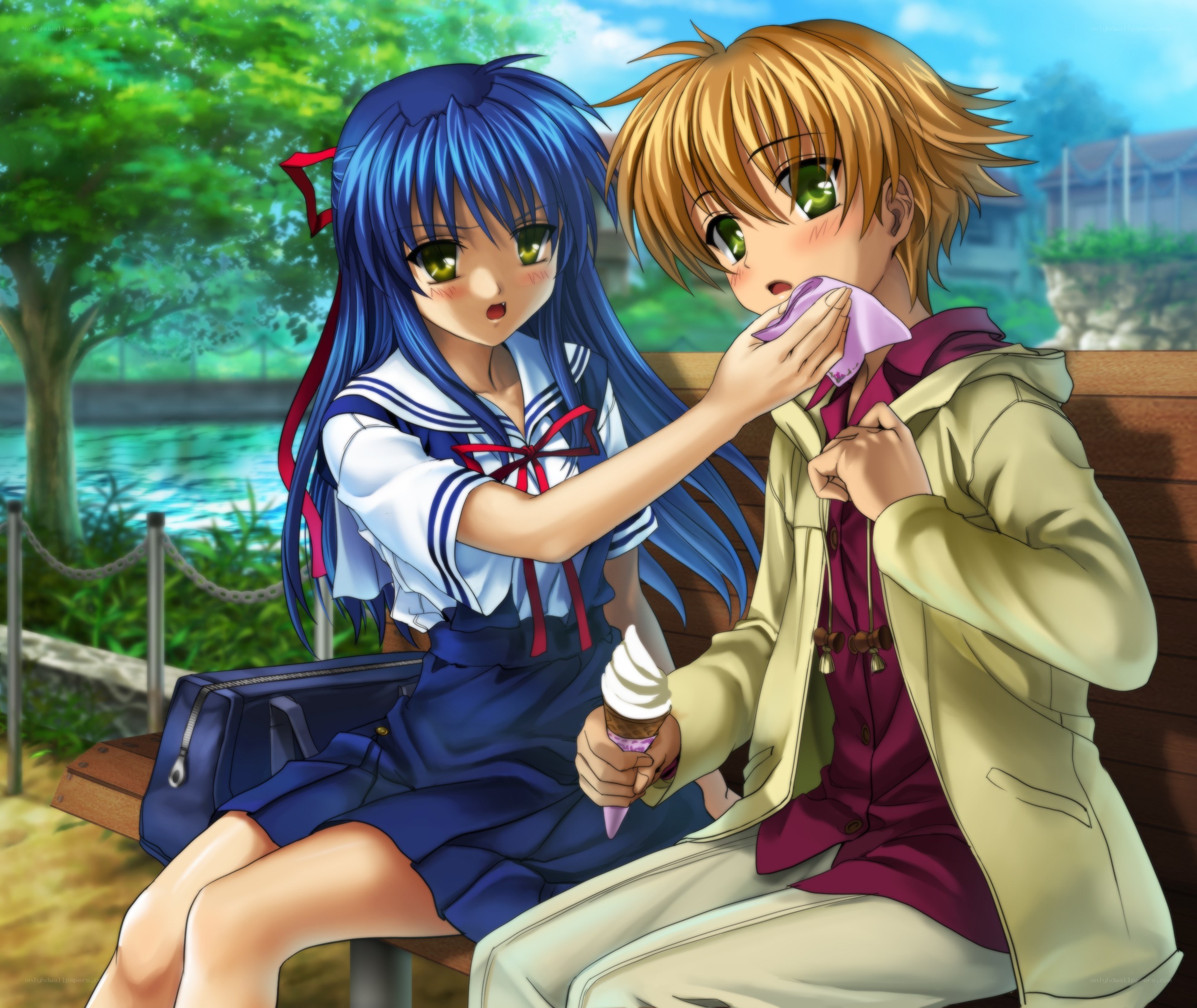 Anime couple on a bench