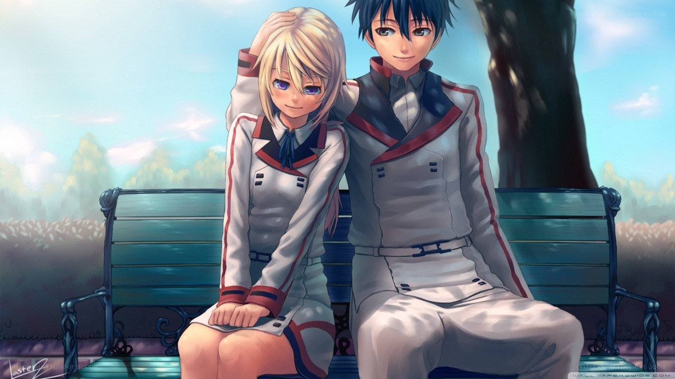 Anime couple on a bench