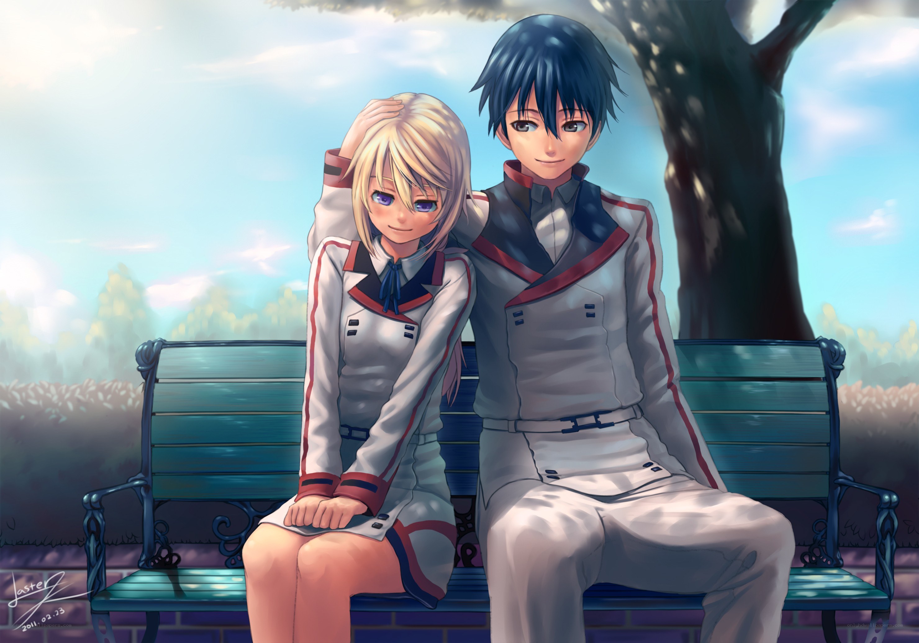 Anime couple on a bench