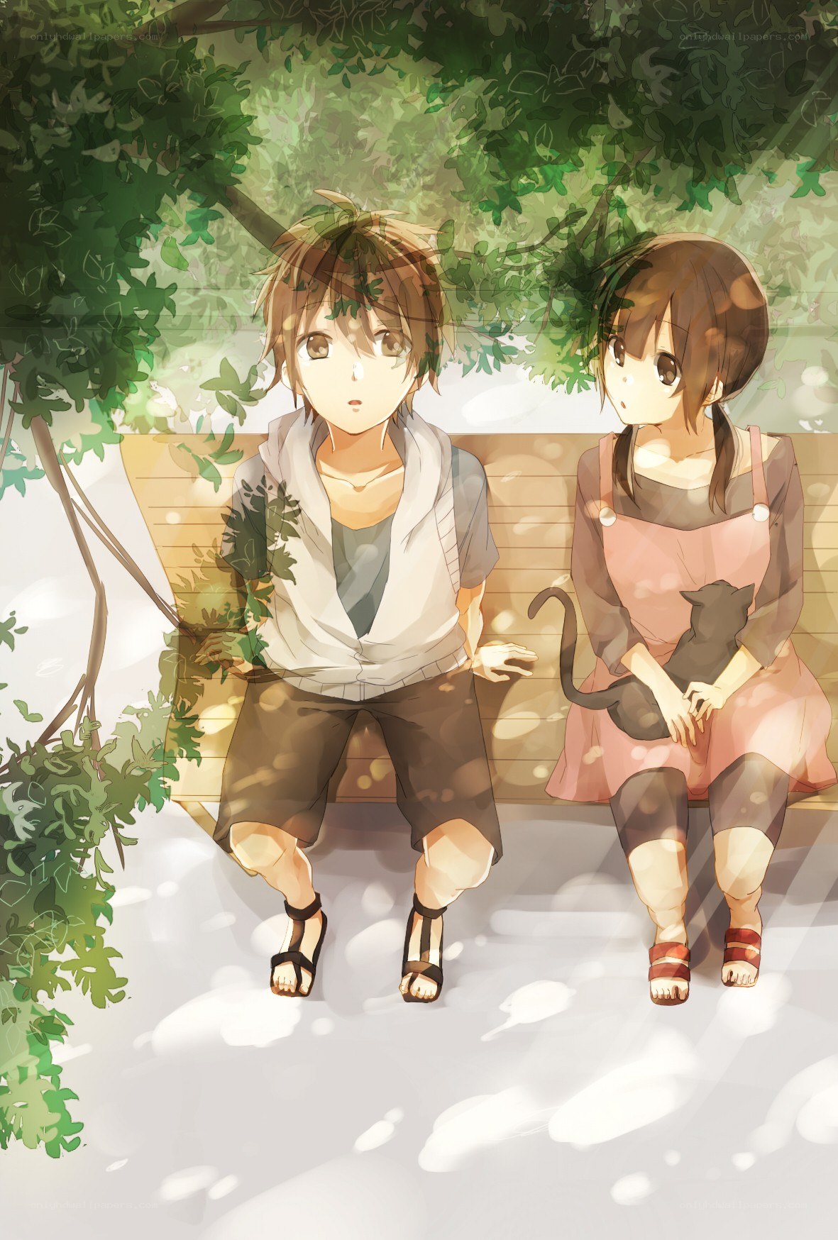 Anime couple on a bench
