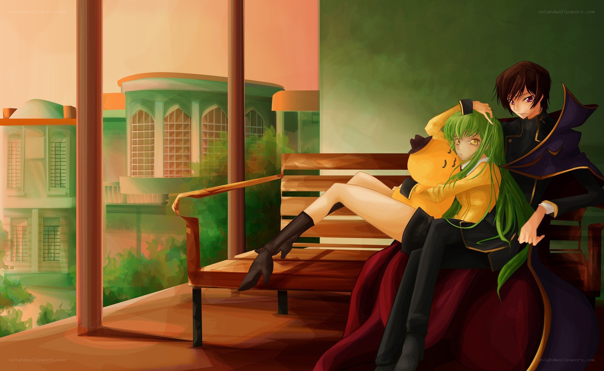Anime couple on a bench