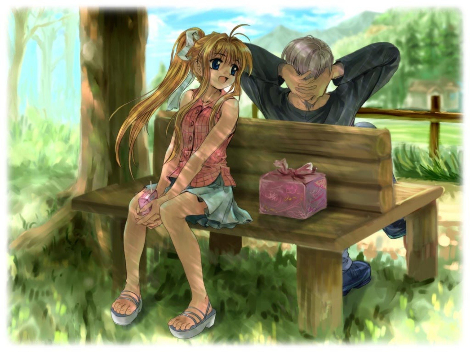 Anime couple on a bench