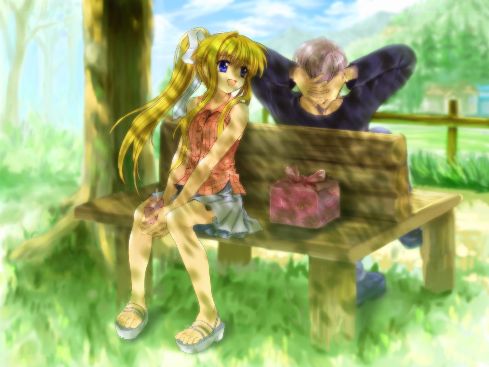 Anime couple on a bench