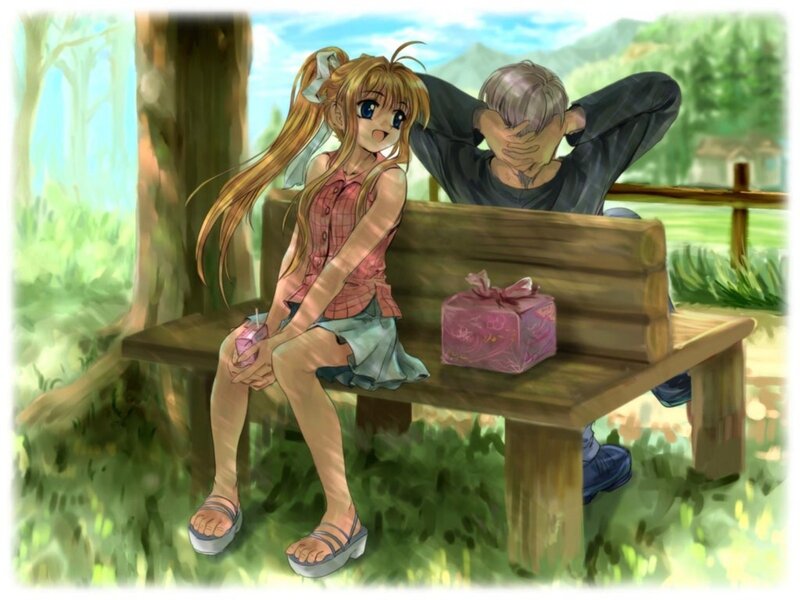 Anime couple on a bench
