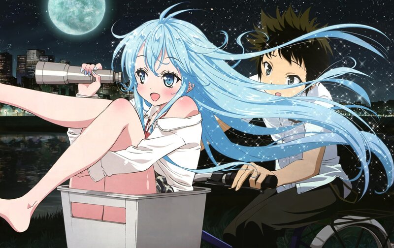 Anime couple on a bike at night