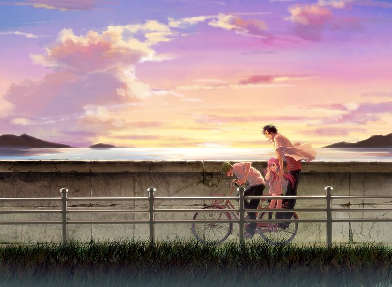 Anime couple on a bike at sunset