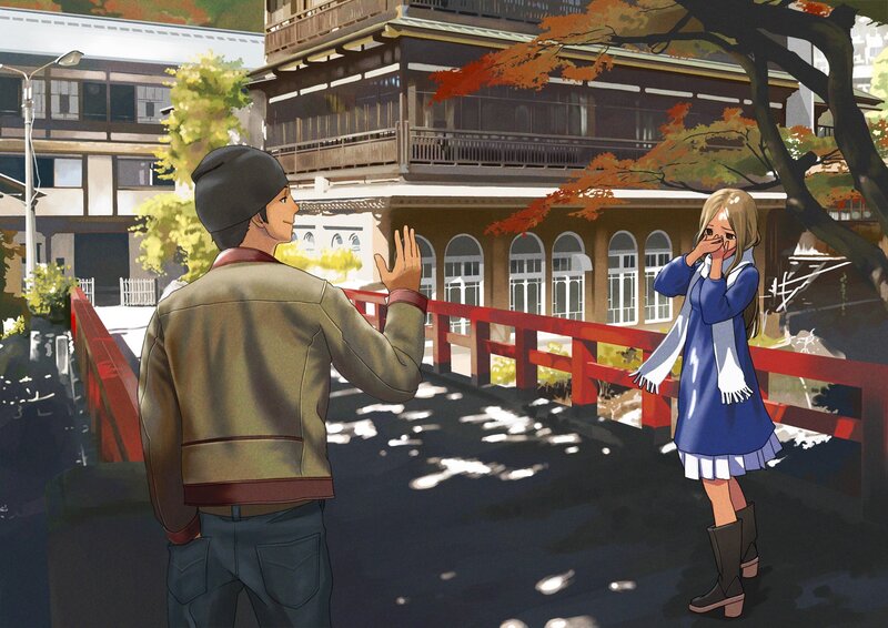 Anime couple on a bridge