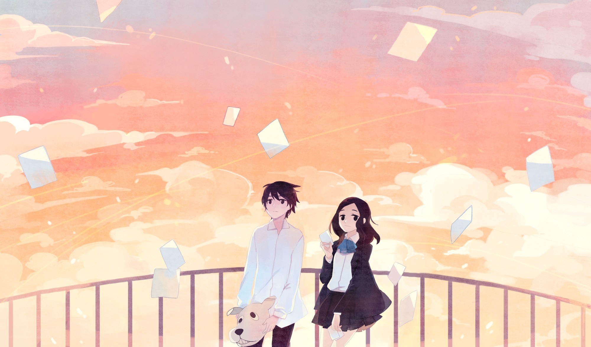 Anime couple on a bridge at sunset