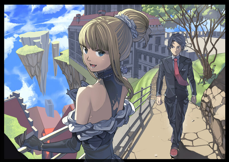 Anime couple on a floating island