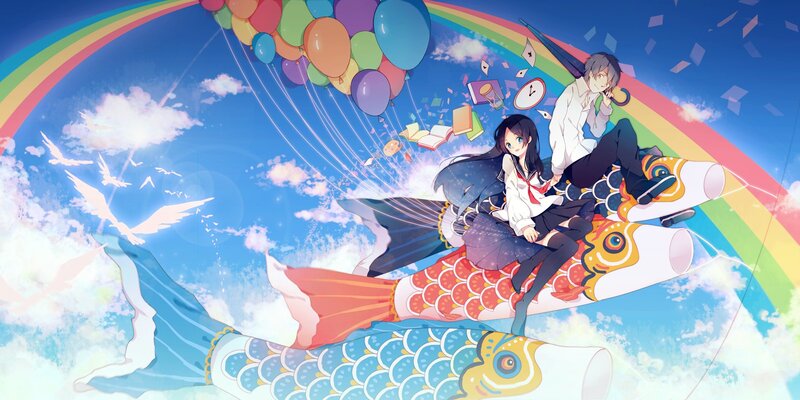 Anime couple on a koi fish