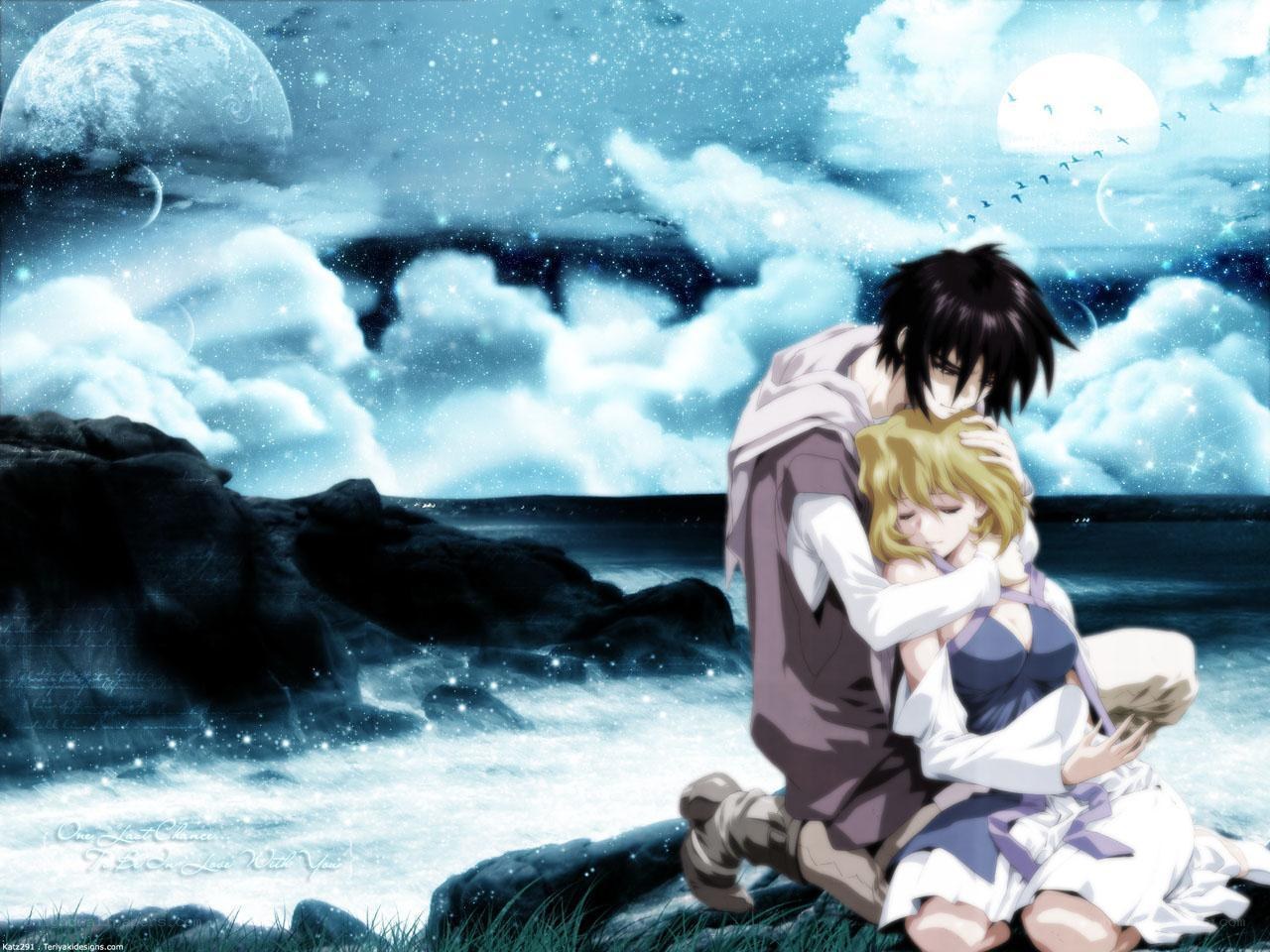 anime couple on a moonlit shore