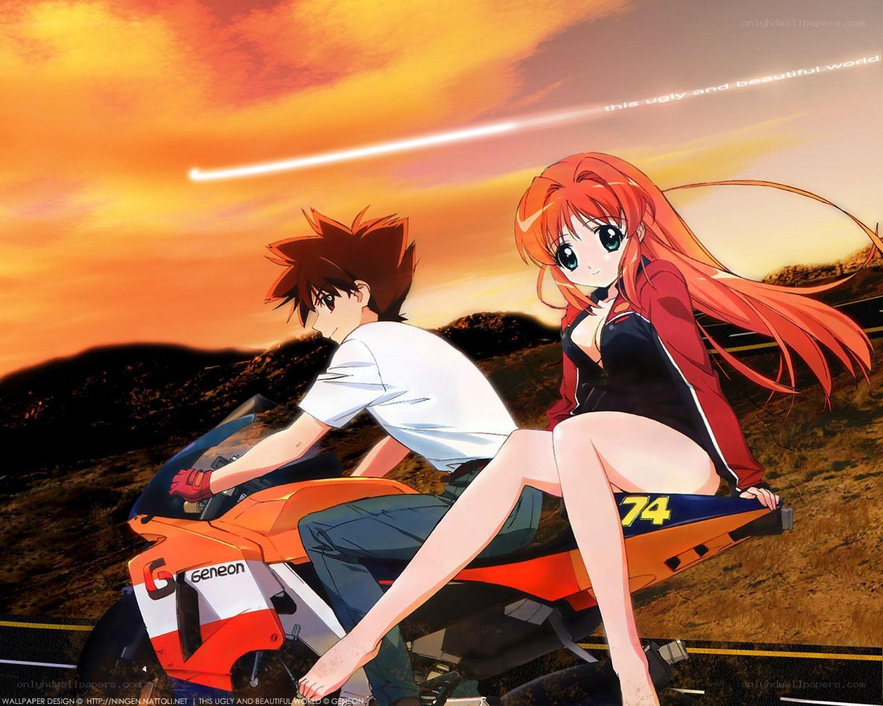 Anime couple on a motorcycle