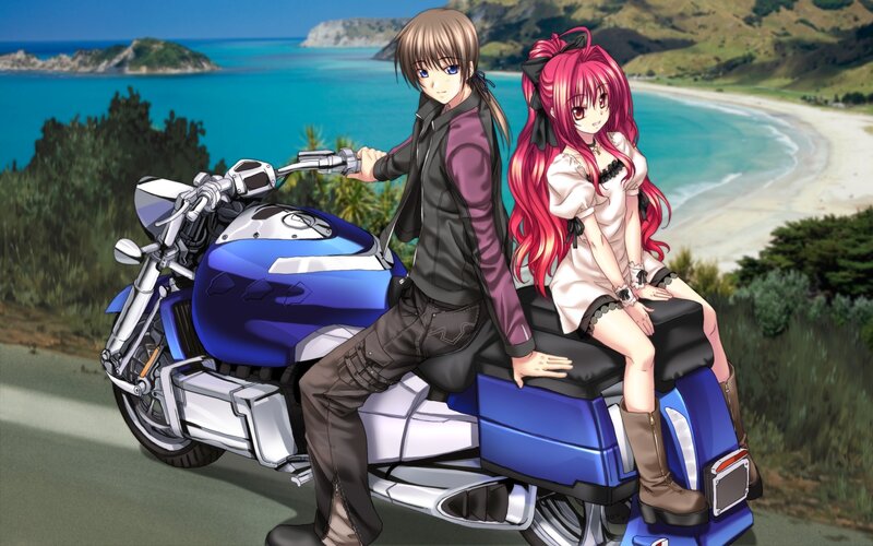 Anime couple on a motorcycle
