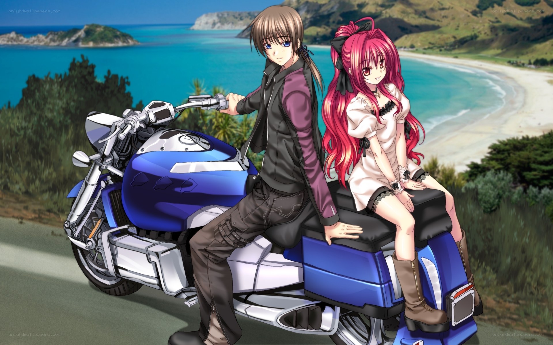 Anime couple on a motorcycle