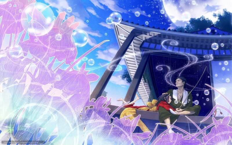 Anime couple on a porch at night
