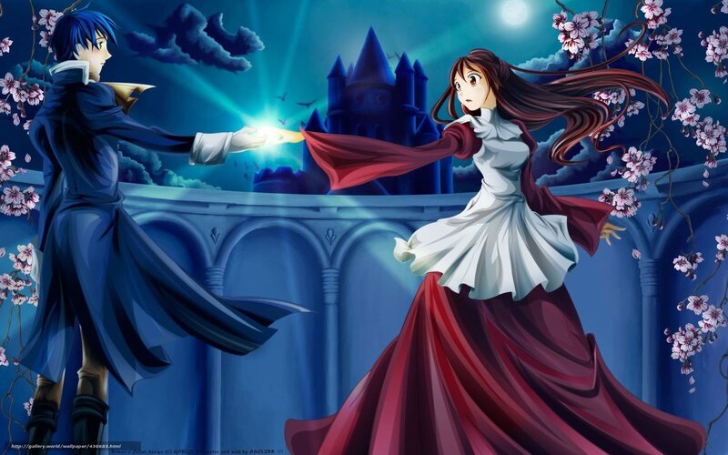 Anime Couple on Balcony — Blue, Dramatic, Night, Castle