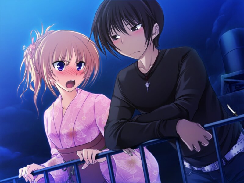 Anime Couple on Balcony — Blue, Dramatic, Night