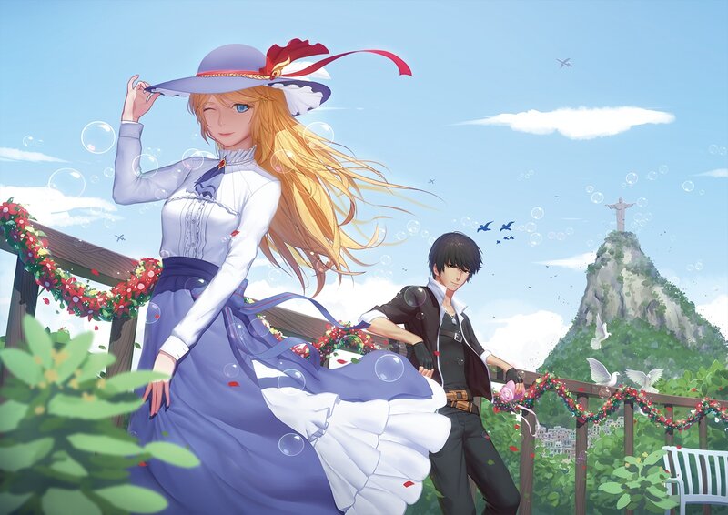 Anime Couple on Balcony — Blue, Serene, Afternoon