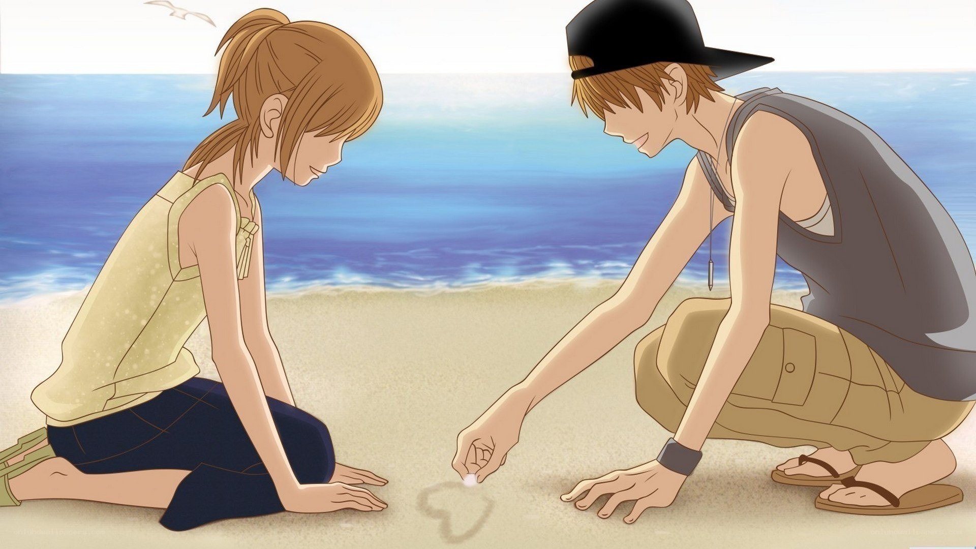 anime couple on beach