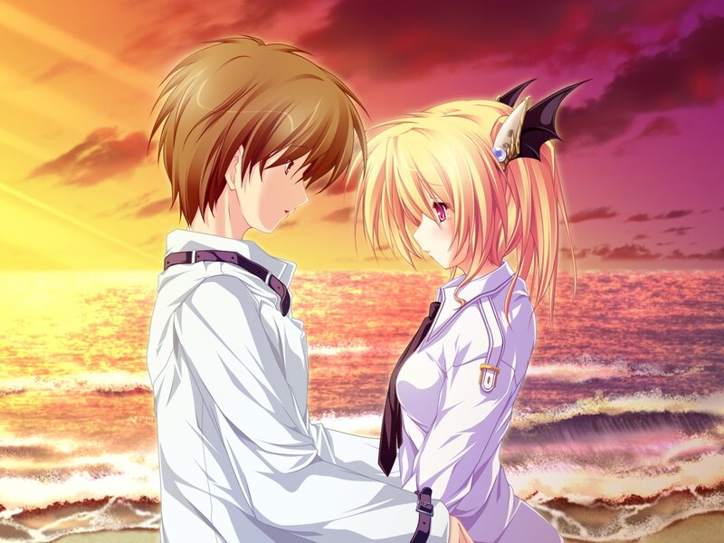 Anime Couple on Beach — Orange, Dramatic, Sunset