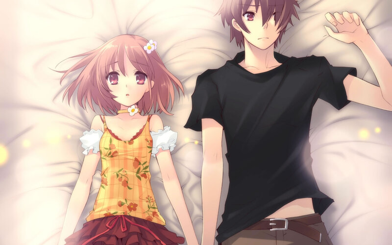 Anime Couple on Bed — White