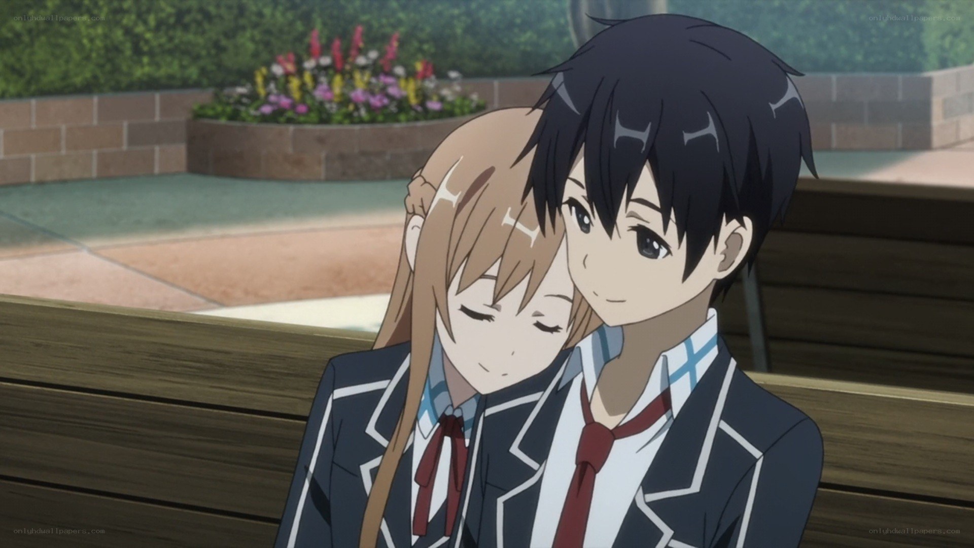 anime couple on bench